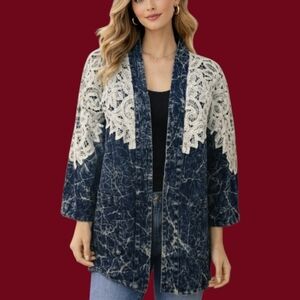 Vtg ULTRA 1980s Oversized White Lace Stonewash Denim Open Front Topper Jacket
